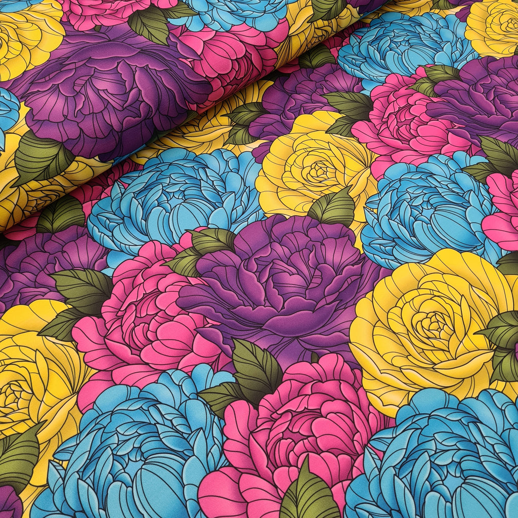 Bright Peonies Cotton Blend French Terry Jersey, priced by half metre