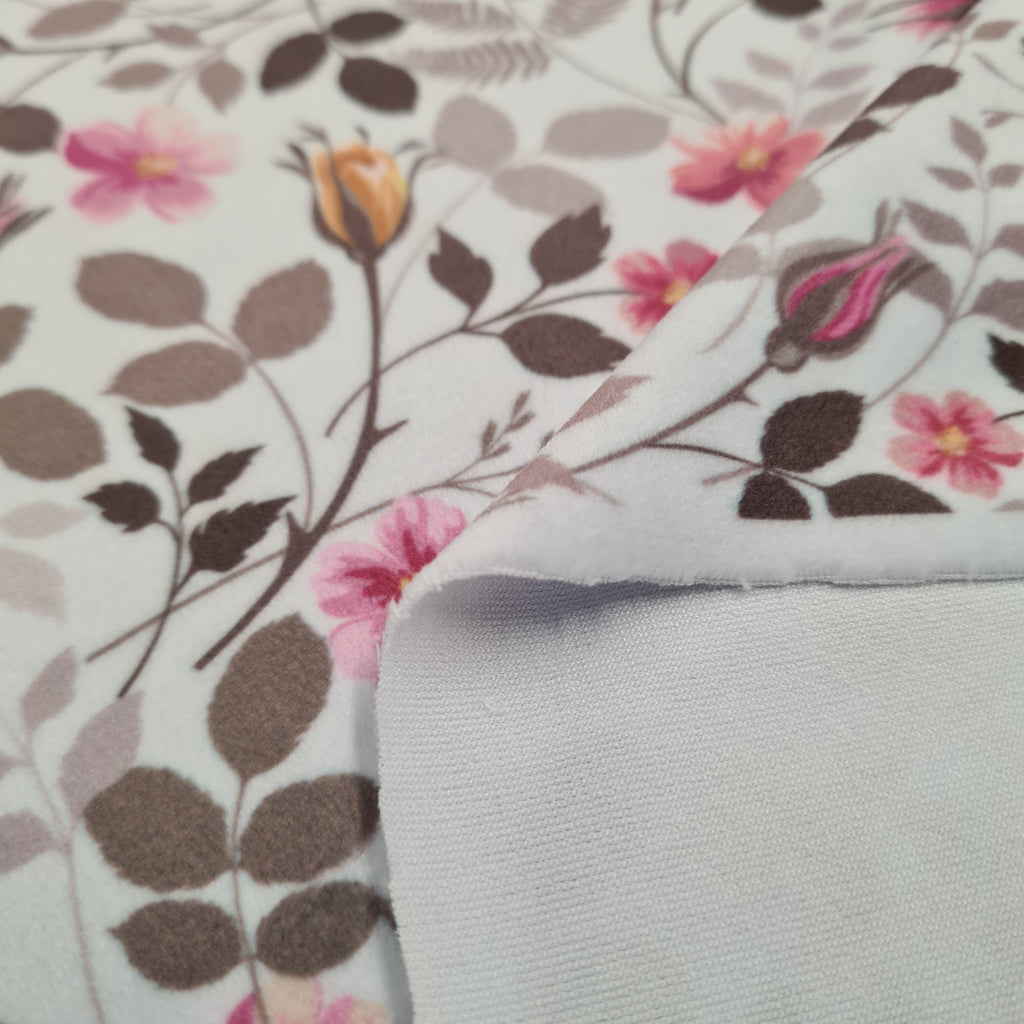 Wild Roses White Stretch Velour Squish Fabric, priced by half metre