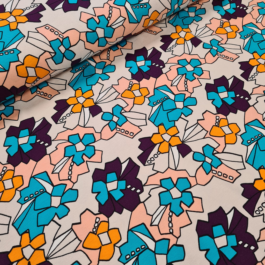 Arty Flowers Viscose Jersey, priced by half metre