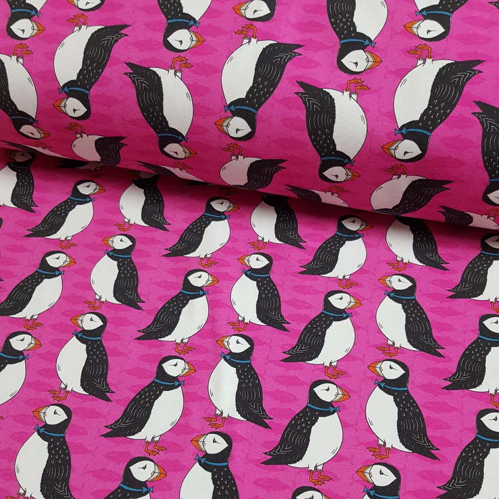 👉 PRINT ON DEMAND 👈 Puffins Pink Various Fabric Bases