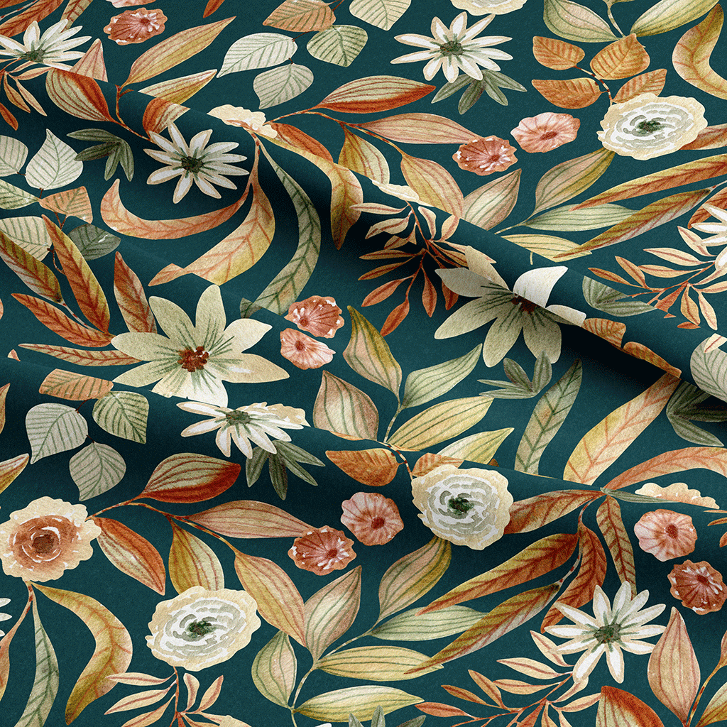 👉 PRINT ON DEMAND 👈 Autumn Floral Teal Various Fabric Bases