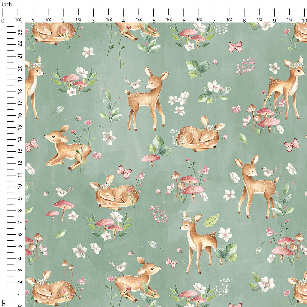 👉 PRINT ON DEMAND 👈 Woodland Baby Deer Sage Various Fabric Bases