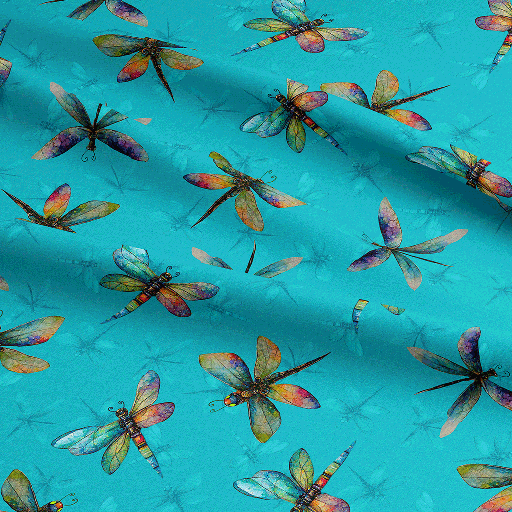 👉 PRINT ON DEMAND 👈 Colourful Dragonflies Teal Various Fabric Bases