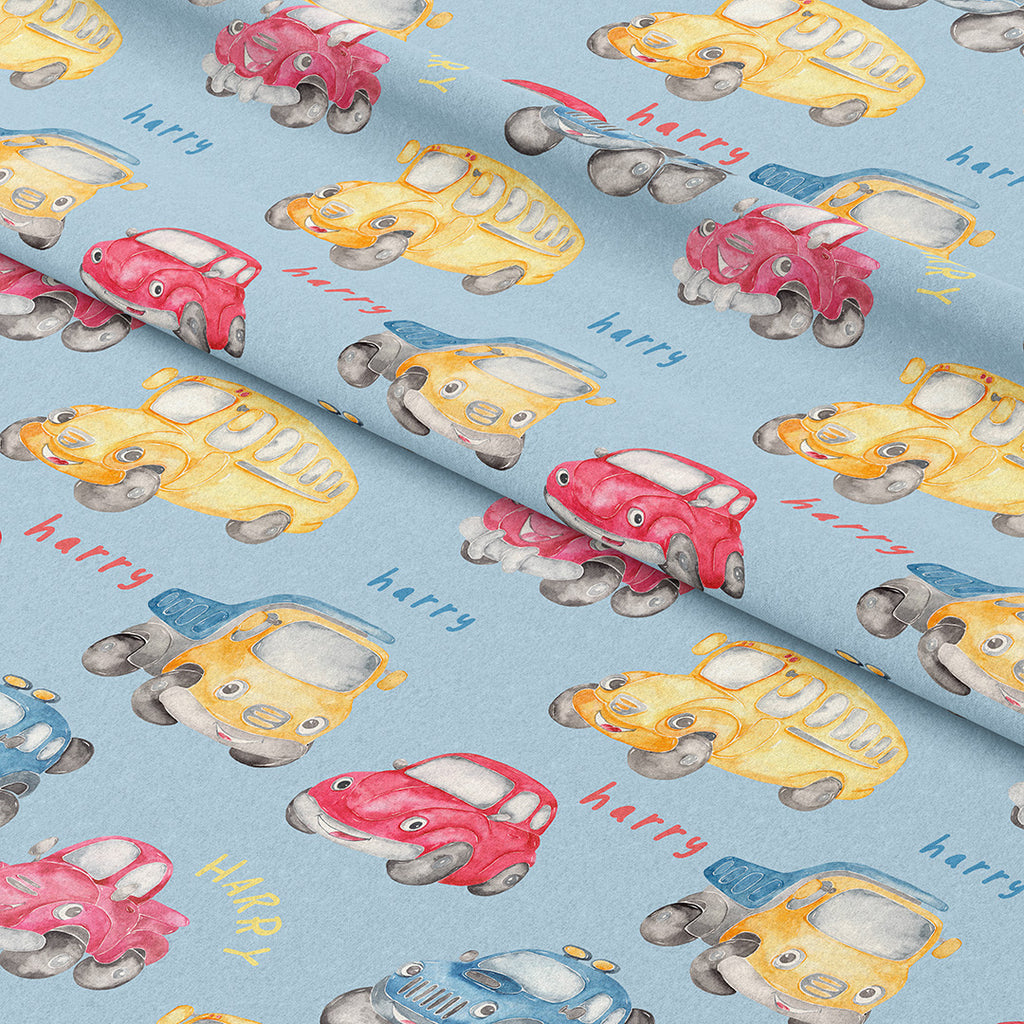 👉 PRINT ON DEMAND 👈 Personalised Blue Cars Various Fabric Bases