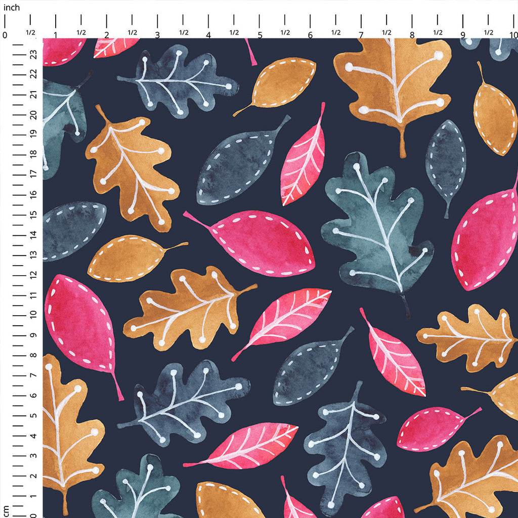 👉 PRINT ON DEMAND 👈 Whimsical Woodland Leaves on Navy Various Fabric Bases