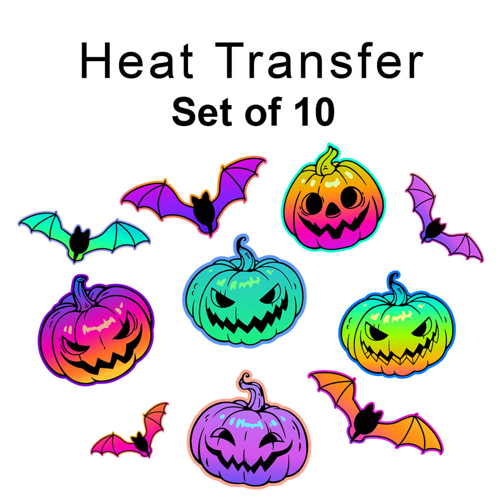 Small Neon Pumpkins and Bats, Set of 10 Iron on Fabric Heat Transfer DTF-72