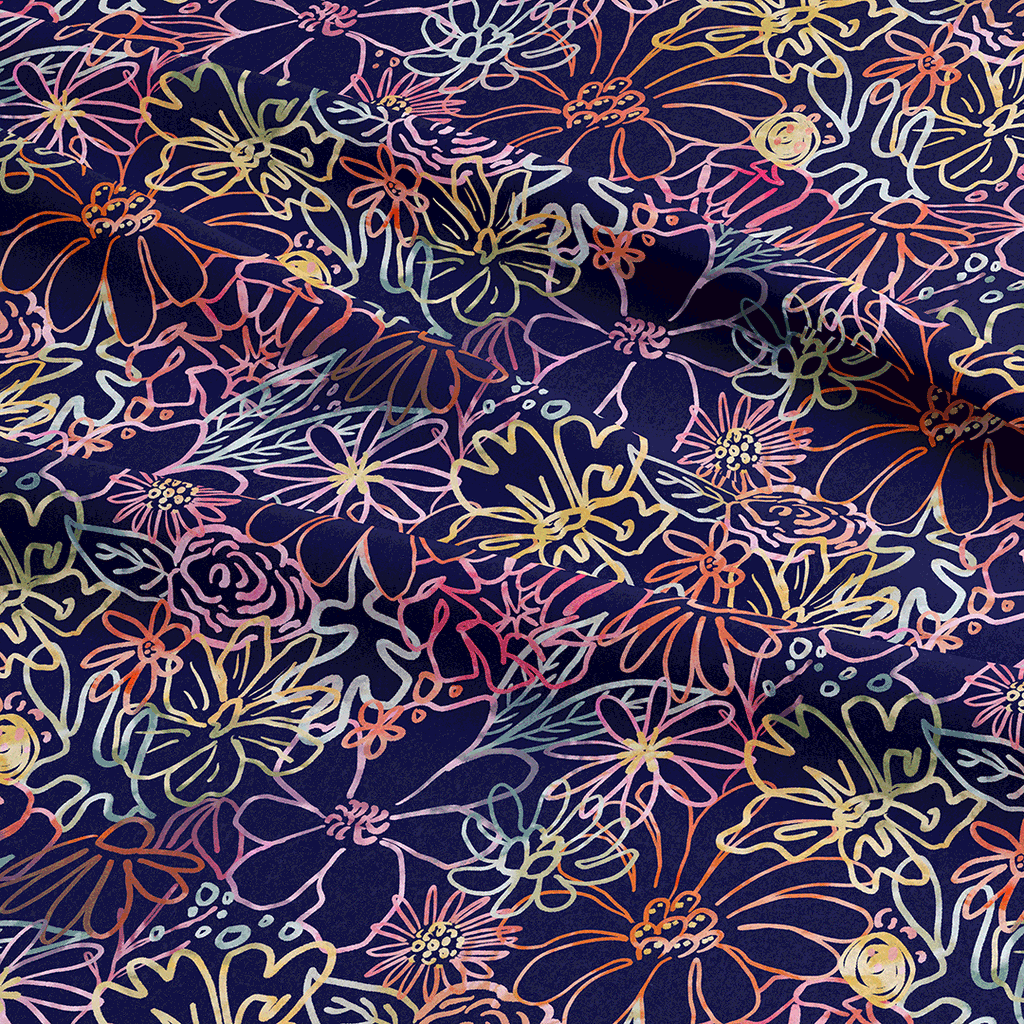 👉 PRINT ON DEMAND 👈 Sketched Flowers Navy Various Fabric Bases