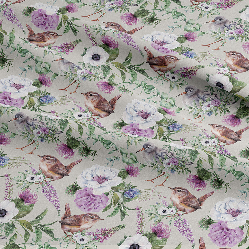 👉 PRINT ON DEMAND 👈 Bird & Floral Grey Various Fabric Bases